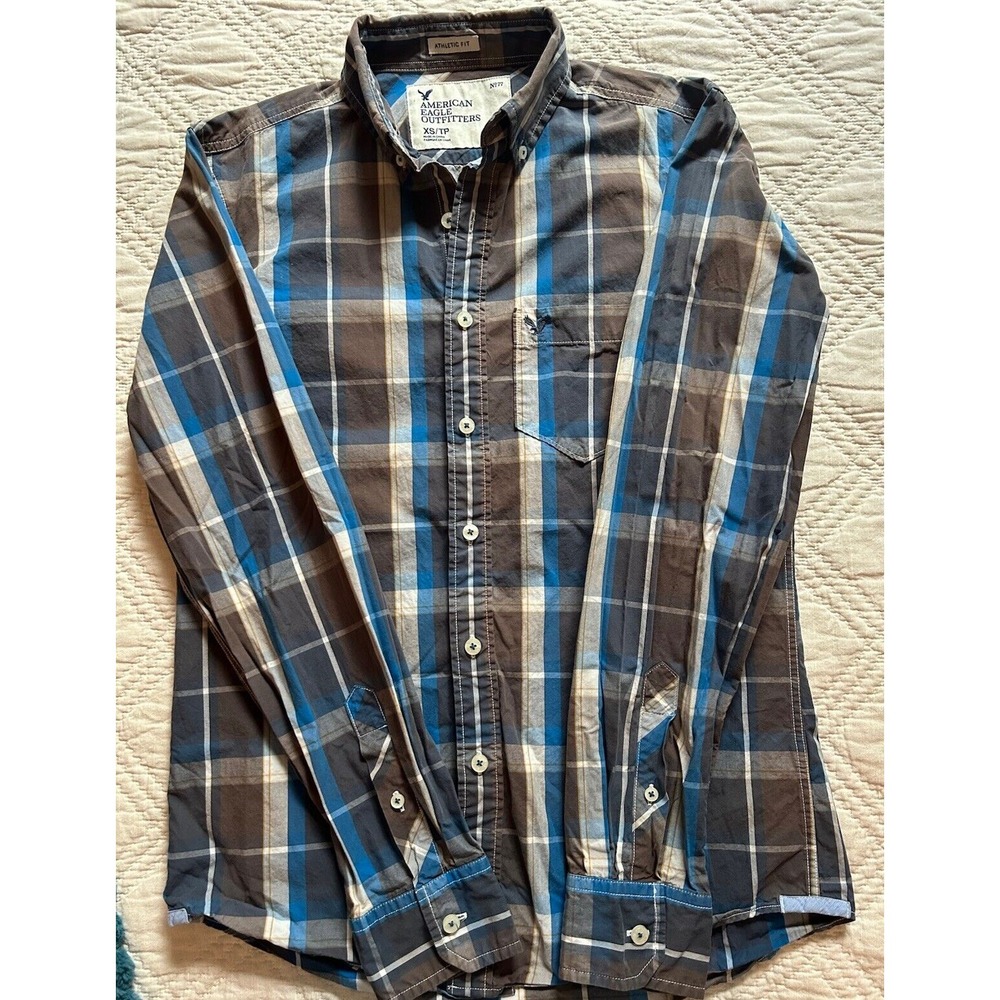 American Eagle Brown Plaid Athletic Fit Long Sleeve‎ Mens Shirt Small